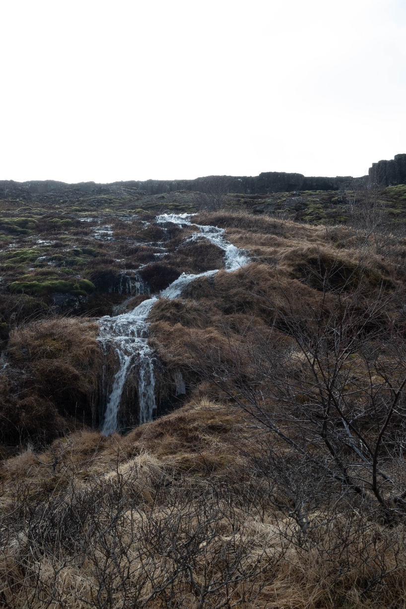 Eau qui coule le long du chemin vers la chute d'eau d'Öxarárfoss sur le site de Þingvellir