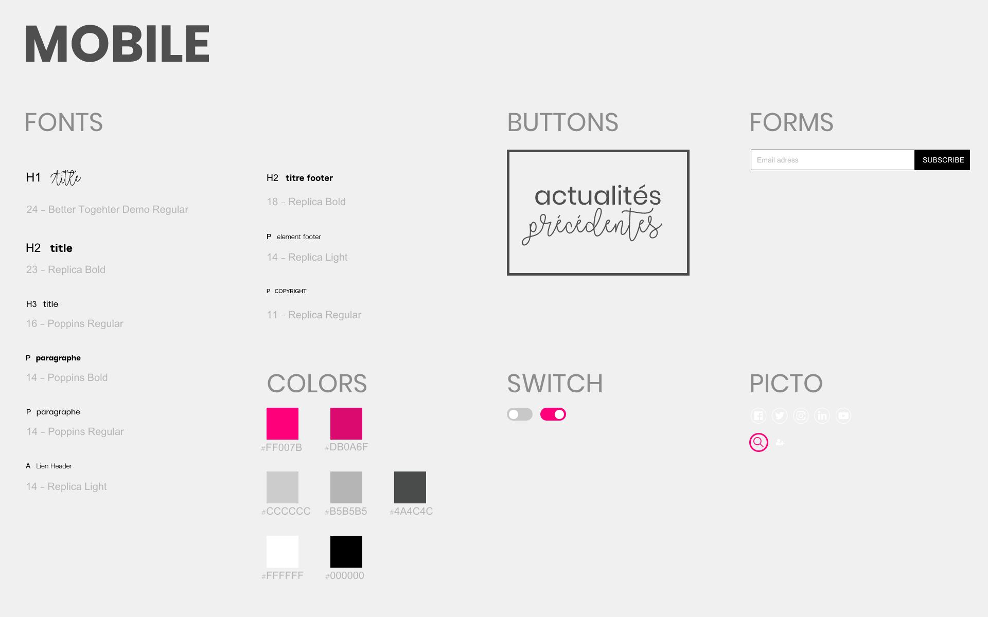 Artboard de l'UI Kit mobile du switch avec la page HEAJ