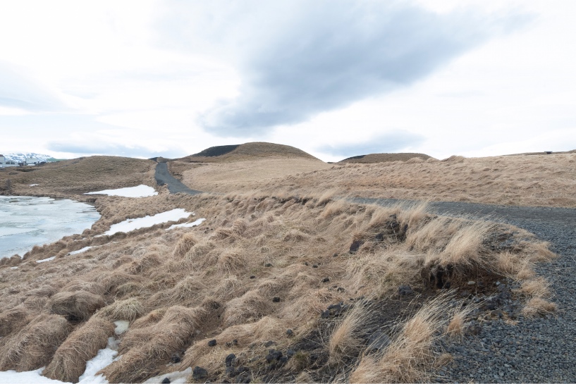 Chemin de pierre à travers les pseudo-cratères de Skútustaðir